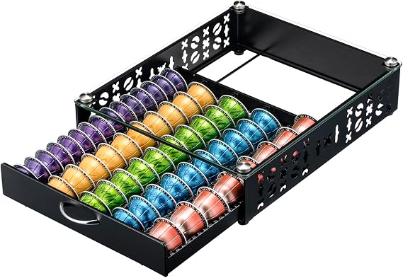 ZCDCP for Coffee Pod Holder, Vertuo Pod Holder Drawer Glass Top Coffee Pod Organizer Storage (50 Pods Capacity)