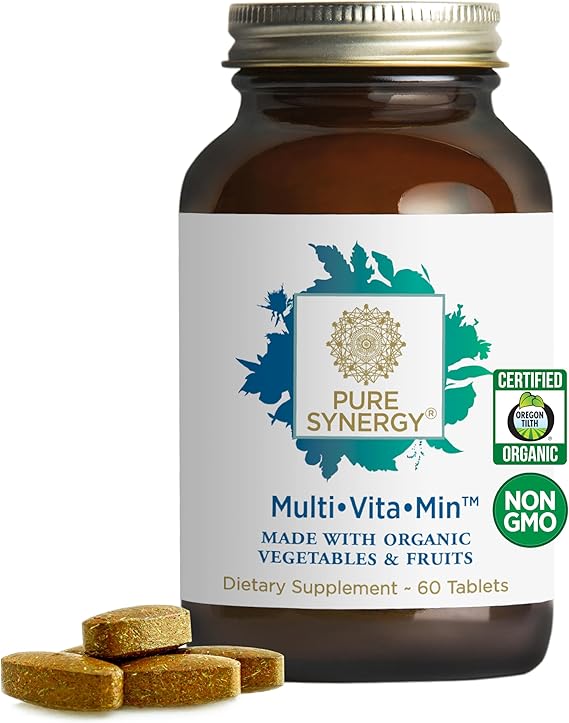 PURE SYNERGY MultiVitaMin | Vegan Multivitamin Made with Organic Whole Foods | Twice Daily Supplement for Men and Women | Core Nutrients for Energy, Mood, Immune, and Bone Health (60 Tablets)