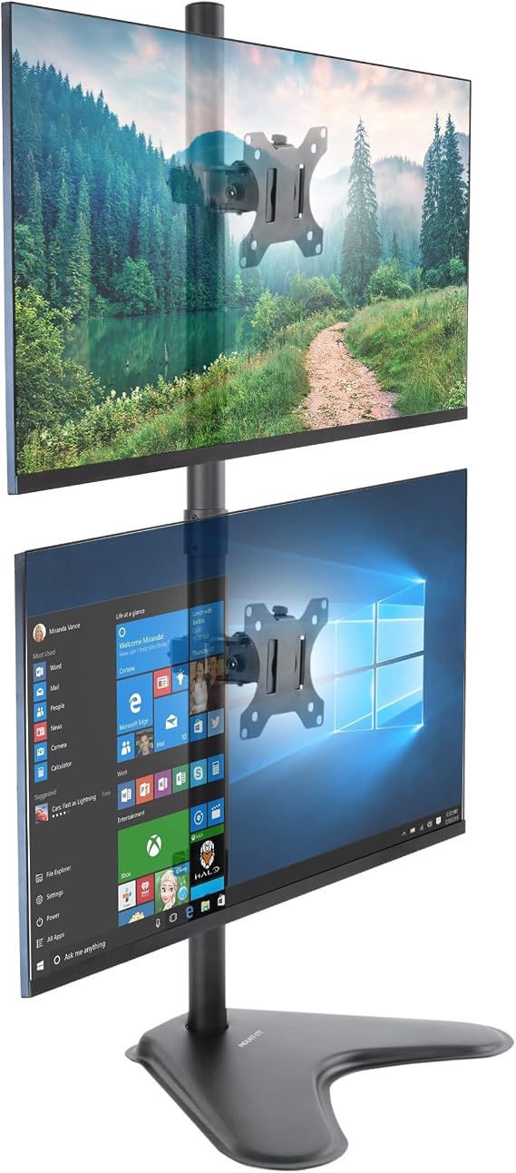 Mount-It! Vertical Dual Monitor Stand, Freestanding Stacked Monitor Mount for 2 Screens 1732", Height Adjustable, Tilt Swivel Rotate, Portrait or Landscape, Holds 17.6 lbs per Arm, No Desk Clamp Needed