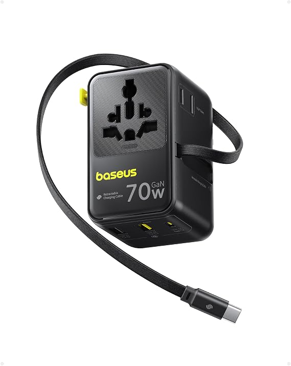 Baseus Enercore Evrensel Priz Adaptörü 70W Geri Çekilebilir Kablolu, 2 AC Prizi + 2USB-A + 1USB-C ile Uluslararası Seyahat Şarj Cihazı, ABD, İngiltere, Çin, Japonya, Tayland ile Uyumlu
