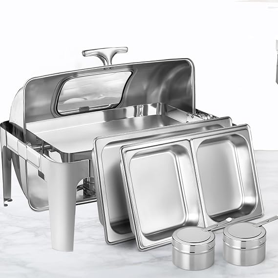 Fashionwu Large Visible Chafing Dishes Buffet Set, 2517.8 Inch Stainless Steel Chafing Server Set, 9 Quart Roll Top Chafing Dish Outdoor Food Service Buffet Set for Wedding Parties Banquet