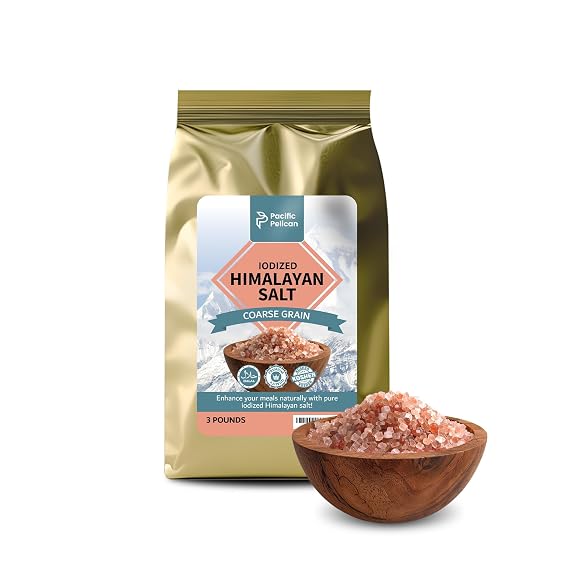 Pacific Pelican Premium Iodized Himalayan Pink Salt | Coarse Grain, Unrefined, Pure Rock Salt | 3 Pounds | 100% Natural & Organic for Cooking, Seasoning & Wellness (Pack of 1)