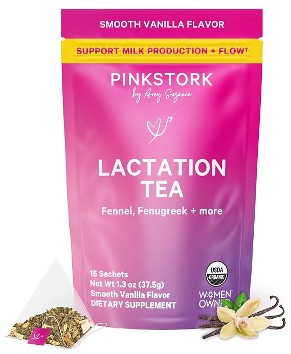 Pink Stork Organic Lactation Tea, Smooth Vanilla, Caffeine-Free, 15 Sachets | Fenugreek, Fennel, Milk Thistle | Support for Breastfeeding, Pumping, Hydration, Milk Flow | 30 Cups