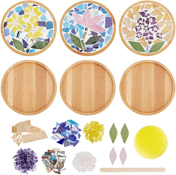 WEBEEDY DIY Mosaic Craft Kit 3 Sets Flower Mosaic Bamboo Coasters Kits for Adults Beginner, Mixed Color Glass Mosaic Tiles with Round Coaster Base for Handmade Mosaic Coaster Home Decor Christmas Gift