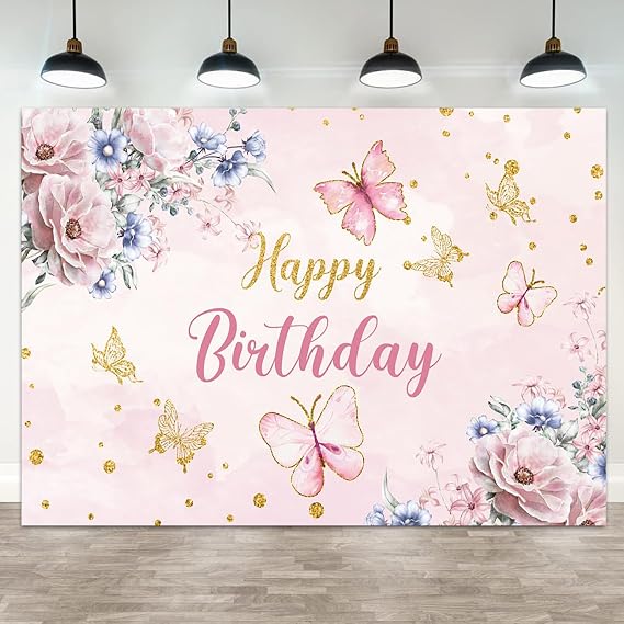 8x6ft Happy Birthday Backdrop Pink Butterfly Floral Photography Background Blue Flower Gold Glitter Dot Sweet Girl Kid Baby Birthdays Party Banner Decorations Women Parties Photo Booth Prop
