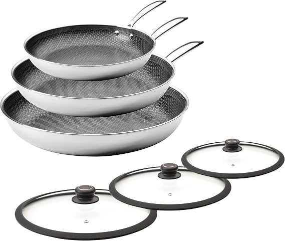 Hybrid Cookware Set - 6 Piece Stainless Steel Non Stick, Quick Release Fry Pan Set with Lids - 8", 11", 12.5" Pans - Oven & Dishwasher Safe - Induction Suitable