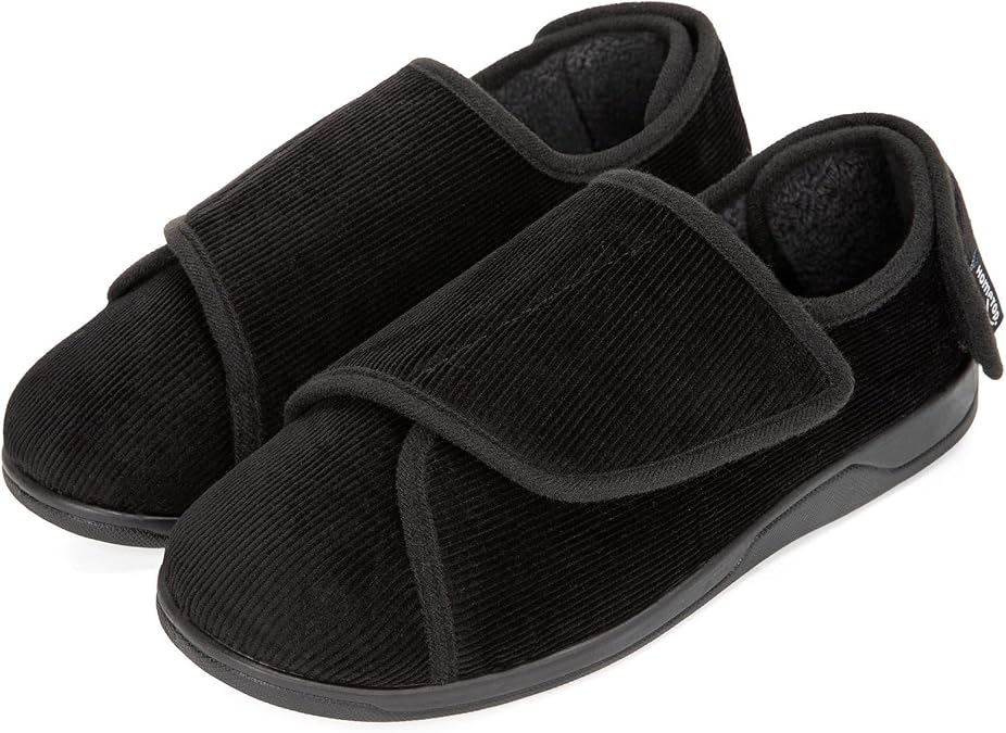 HomeTop Men's Wide Fit Corduroy Slippers, Adjustable Hook & Loop with Memory Foam for Indoor Comfort