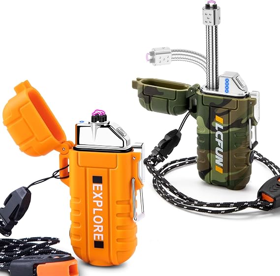 LcFun Waterproof Camping Lighter 2 Pack, USB Rechargeable Electric Lighter with Flashlight