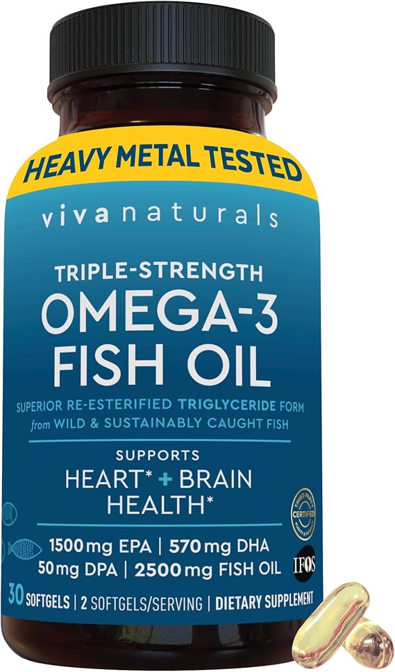 Viva Naturals Omega-3 Fish Oil, Triple Strength, 2500 mg, 30 Softgels Re-Esterified Omega 3 Fatty Acids Including EPA, DHA, DPA - Pascatarian-Friendly