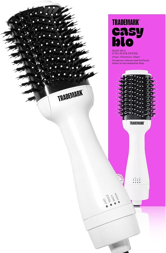 Trademark Beauty Hair Dryer Brush in One, Blow Dryer Brush, Wet and Dry Hair, Anti-Frizz Ions, Smooths, Ceramic, Creates Volume, All Hair Types - White