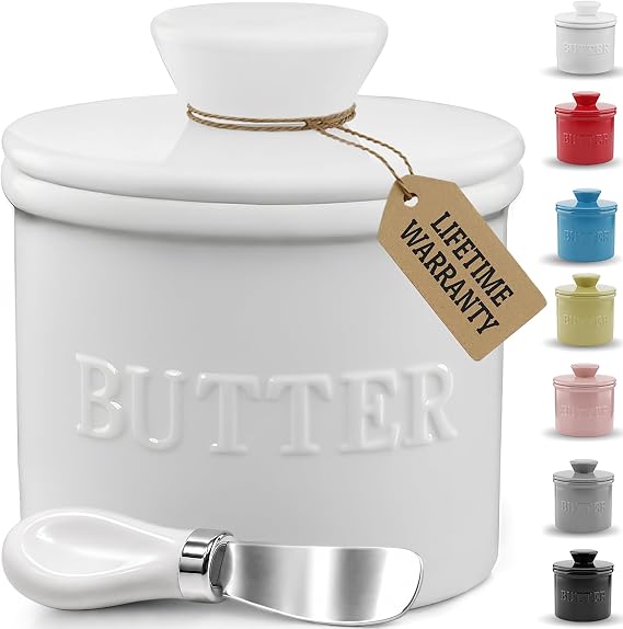 PriorityChef French Butter Crock with Lid, Keep Butter Spreadable & Fresh, Butter Keeper to Leave On Counter, French Butter Dish Perfect for Bread and Toast, Ideal Kitchen Gift, White