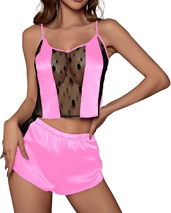LANMAIGUO Women's Silk Satin Summer Pajama Sets,Sexy Lace Camisole Pajamas Set,Cami and Shorts Pjs Two Piece