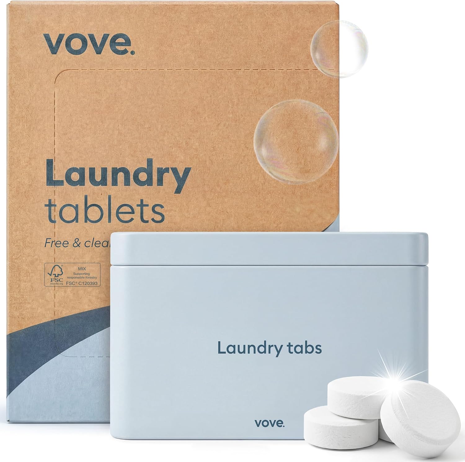 Vove Laundry Detergent Tablet Starter Set, 40 Washes with Reusable Storage Tin - Plastic-Free, PVA-Free, Zero Microplastics - Enzyme-Powered, Plant-Based, Fragrance-Free, Works in Cold Water