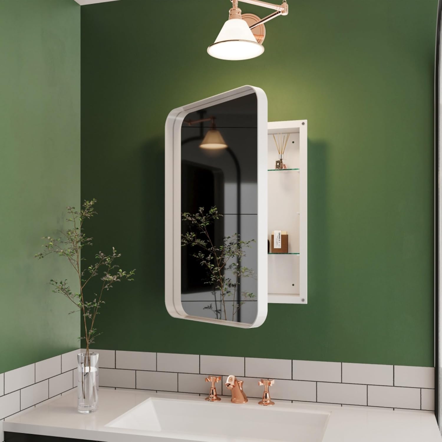 16x24 Bathroom Storage Cabinet, Metal Frame Arched Recessed Wall Cabinet with Mirrored Adjustable Shelves Medicine Cabinet for Bathroom, Bathroom Entryway White - Square