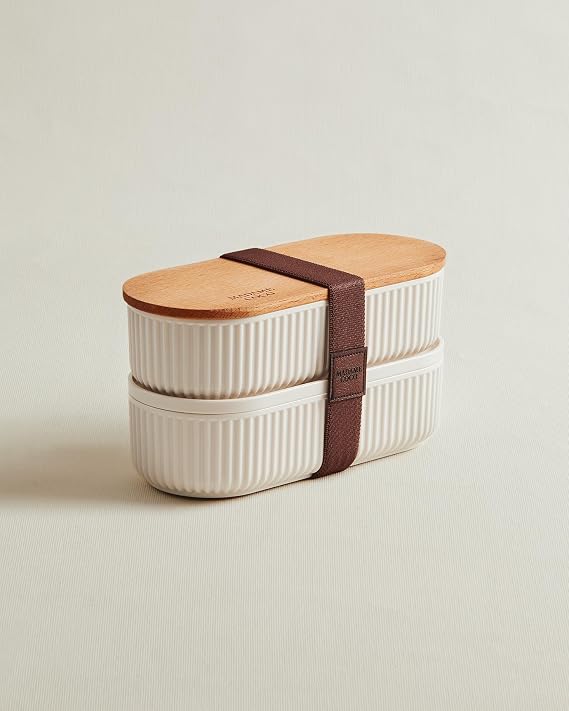 Magou 2'li Ahşap Kapaklı Lunch Box - Soft Ekru - 500x2 ml
