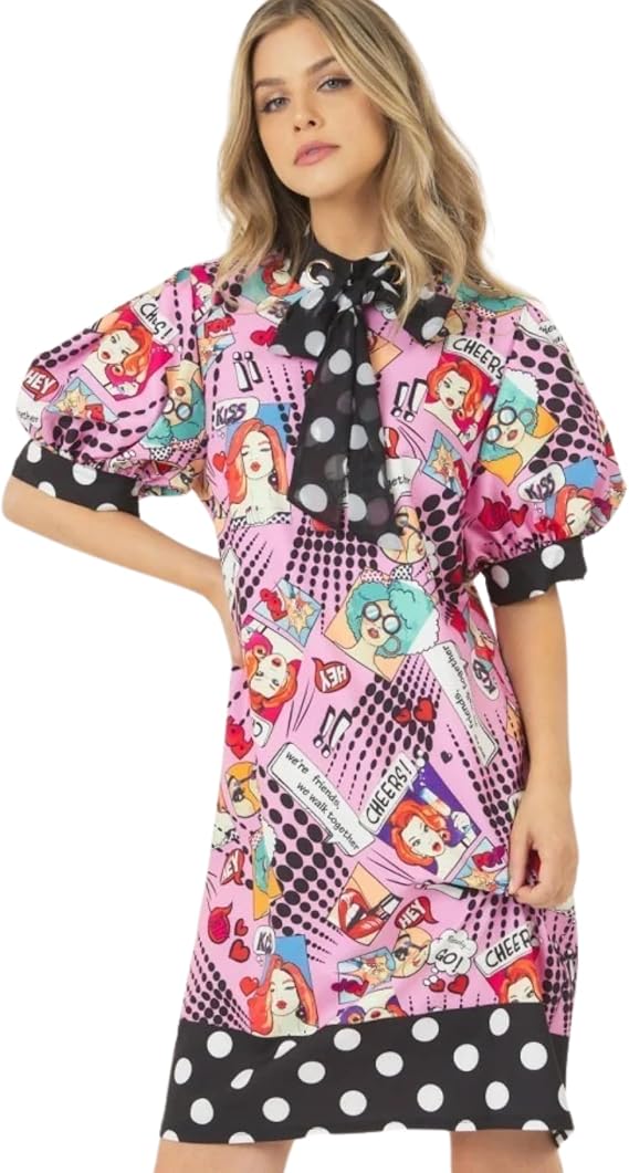 Pink Polka Dot Midi Dress, Pop Art Design, 100% Polyester, S/M/L