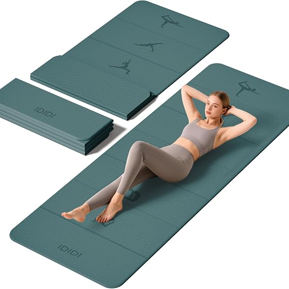 Foldable Yoga Mat Extra Thick 8/10mm - SGS Certified POE Material Exercise Mat, Non-Slip Design Fitness Mats, Multi-Purpose Workout Mats for Studio or Home Use (Deep Green-Beige-74"L x 26"W x 0.4"Th)