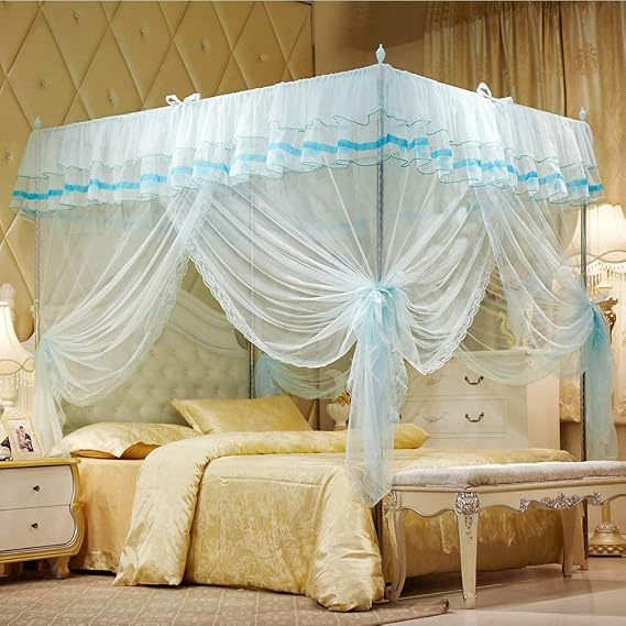 UOZZI BEDDING 4 Corners Post Turquoise Canopy Bed Curtain for Girls & Adults - Cute Cozy Drape Square Netting for Twin Bed - 4 Opening 45" W x 80" L Mosquito Net - Princess Bedroom Decoration