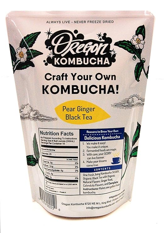 Kombucha Starter Kit by Oregon Kombucha | Organic Pear Ginger Black Tea and Scoby w/ Starter Liquid - Raw Culture Brews 1 Gallon of Delicious Kombucha,