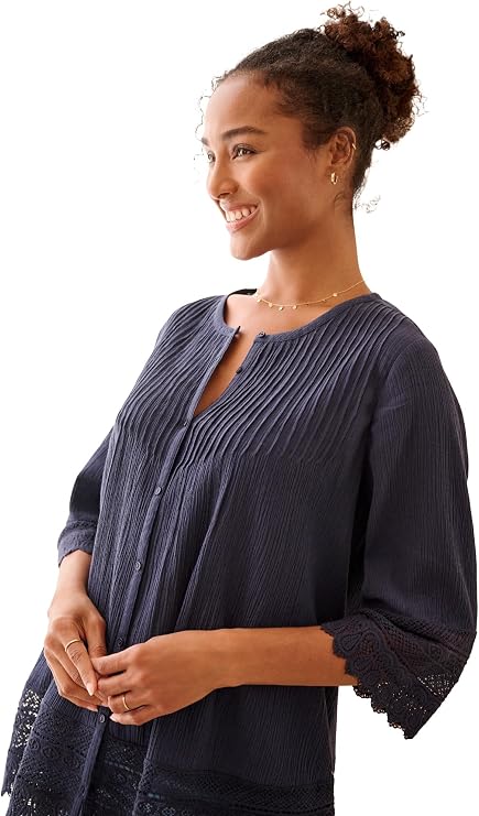 ellos 100% Cotton Crepe Button-Front Three-Quarter Sleeve Crochet Trim Blouse