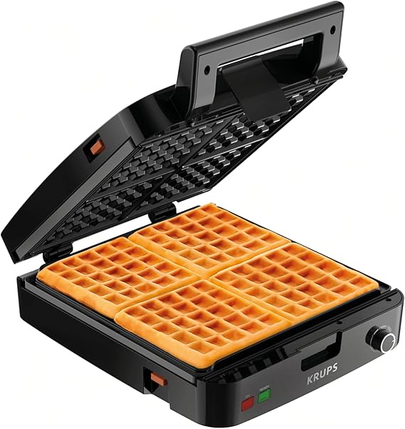 KRUPS 4-Slice Belgian Waffle Maker: Stainless Steel, 5 Browning Levels, Audible Ready Beep, Removable Plates, 1200W, SilverBlack, Large Waffle Maker Family Size, Great for Family Breakfasts