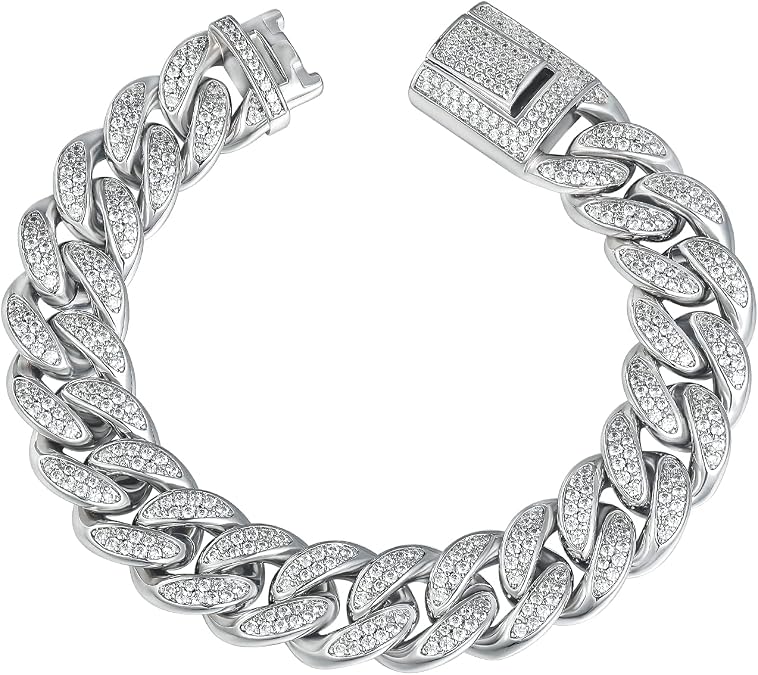 Gemsme 18K White Gold Plated Cuban Bracelet for Men Iced Out Cubic Zirconia Personalized Link Chain Bracelet Jewelry Gift