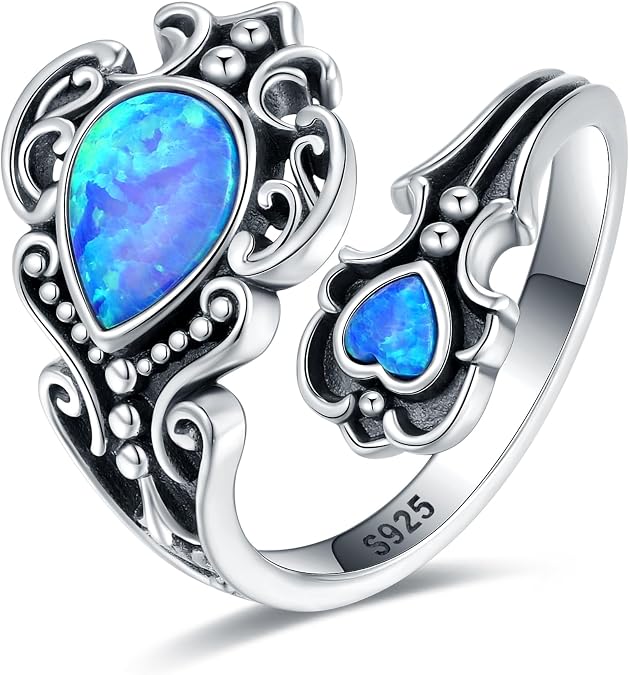 S925-Sterling-Silver Abalone Dragonfly-Turquoise Spoon Ring - Vintage Boho Sunflower Thumb Oxidized Wrap Rings Victorian Style Antique Floral Jewelry Gifts for Women