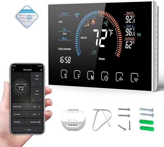 Smart Thermostats for Home, Digital Thermostat with App, WiFi Thermostats for Home Heat Pumps, Cooling Heating & Auto, Includes C-Wire Adapter, LCD Screen/Voice Control/Weather/Energy Saving