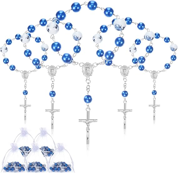 50 Pieces Blue Baptism Mini Rosaries Include 25 Pcs Blue Baptism Baby Rosary and 25 Pcs Organza Bags Baptismal Gifts Baby Christening Gifts for First Communion Decorations Party