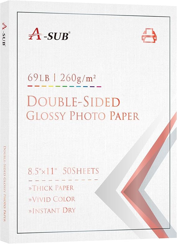 A-SUB Thick Double Sided Glossy Photo Paper 69lb 8.5X11 Inches Heavyweight Cardstock Paper 260gsm for Cards Cake Toppers Work with Inkjet Printers Dye Ink 50 Sheets