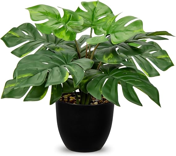 Hollyone Artificial Monstera Plant Faux Monstera Plant Potted Fake Tropical Plants in Black Pot for Indoor Outdoor Home Desk Office Garden Farmhouse Decoration