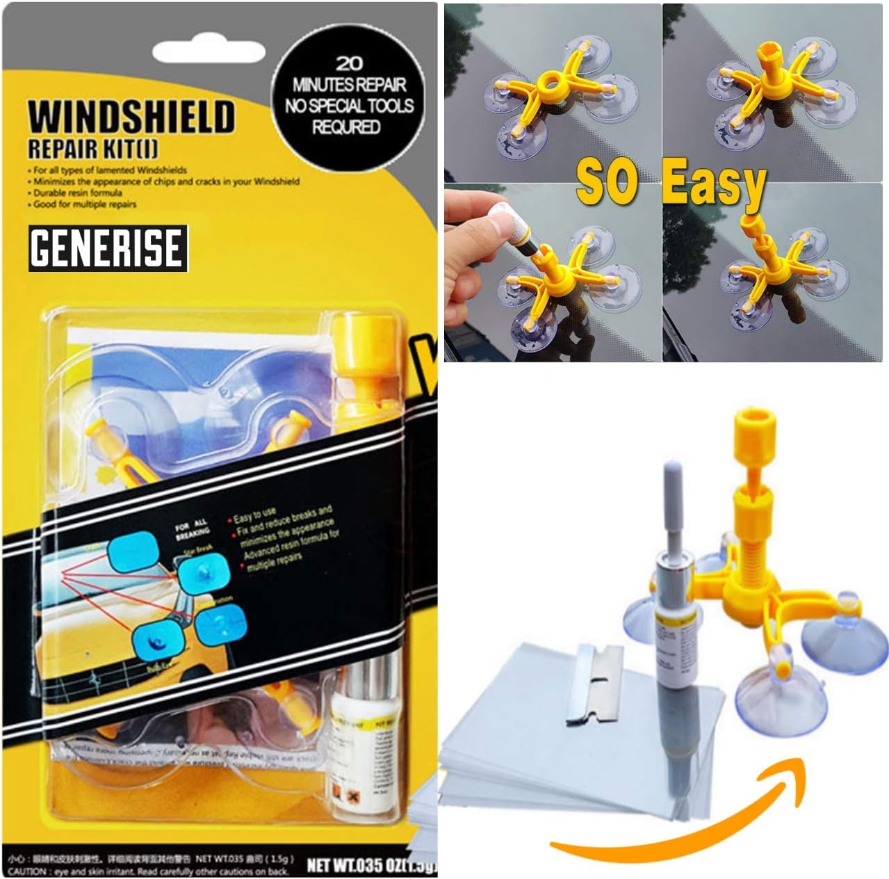Generise PREMIUM Auto Windscreen Repair Tool with Windshield Repair Resin for Chips, Cracks and Glass Repair