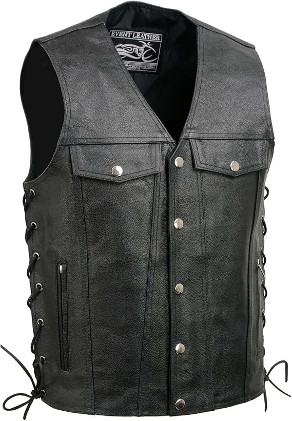 EVENT LEATHER Men's Leather Motorcycle Riding Biker Vests with Snap Closure