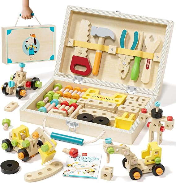 Lehoo Castle Kids Tool Set with Toolbox, Wooden Toys for 3 4 5 Years Old Boy Birthday Gift, Construction Play Tools, STEM Learning Toys for Preschooler, Pretend Play Gifts for Christmas