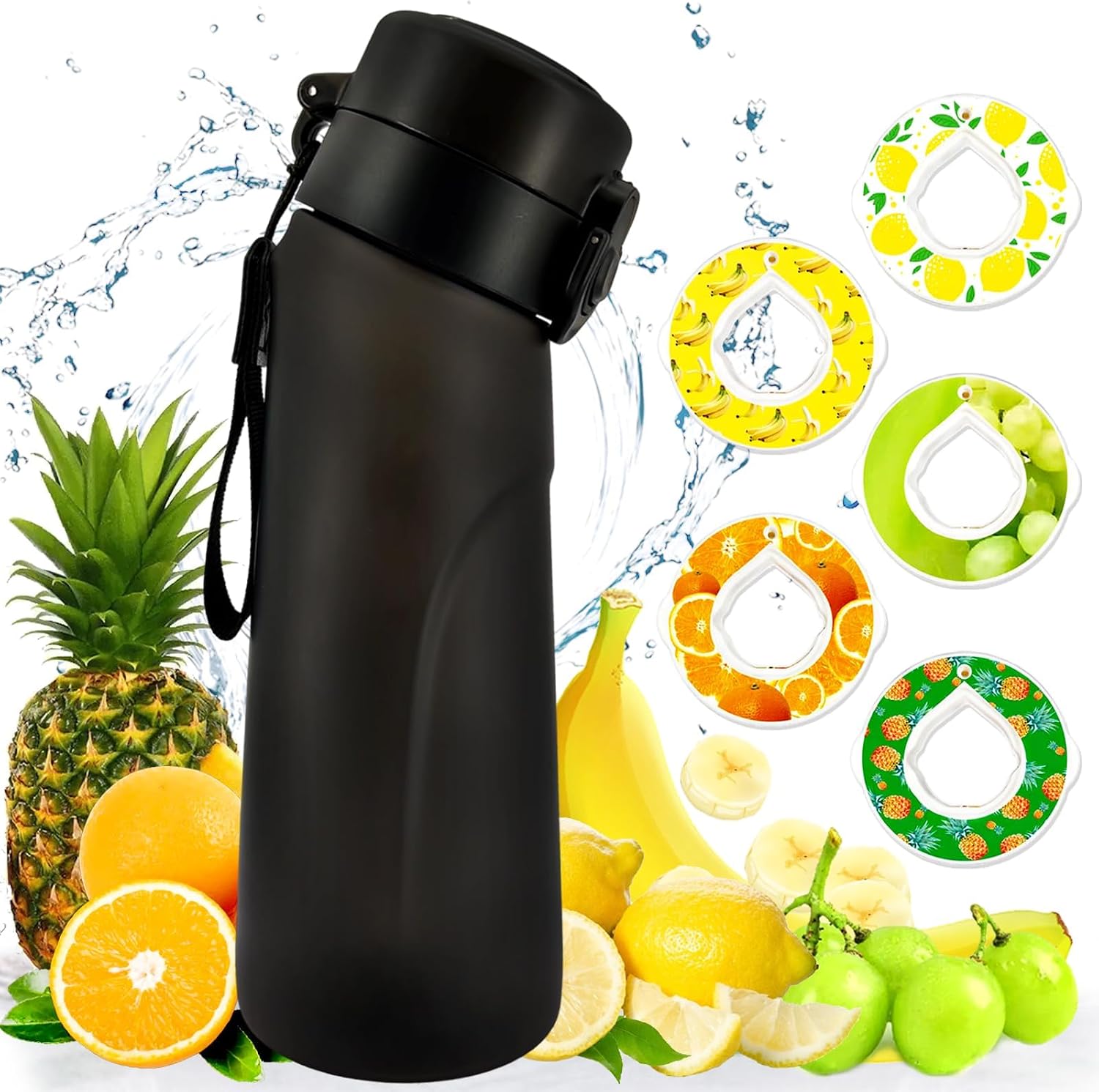 Water Bottle with Flavor Pods, Sports Water Bottle 25 Oz, Drinking Bottles with Straw, Scent Water Cup for Gym Outdoor Gift Frosted Black5 Flavor Pods