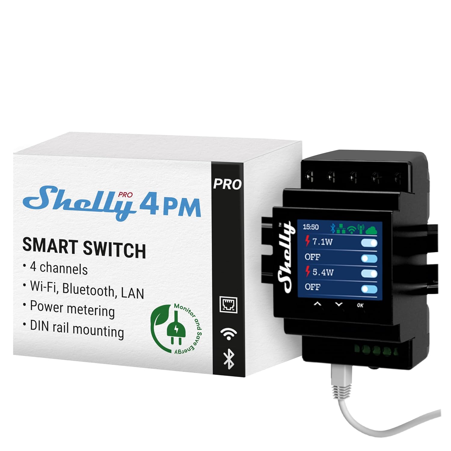Shelly Pro 4PM | WLAN, LAN and Bluetooth 4-channel relay switch with consumption measurement – 40 A | DIN rail hat rail | Compatible with Alexa and Google Home | iOS Android app | remote control from devices