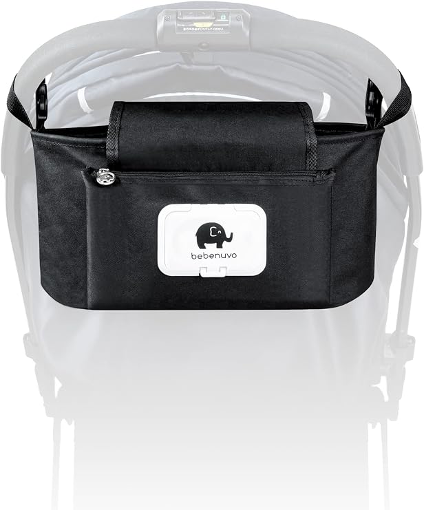 Bebenuvo Baby Stroller Bag, Large Capacity, Stroller Bag, Buggy Bag with Wet Tissue Pocket, Wipes Pouch Included, Drink Holder, Easy to Install, Multi-purpose Accessories, Stylish, 2-Way, Shoulder Bag, Black