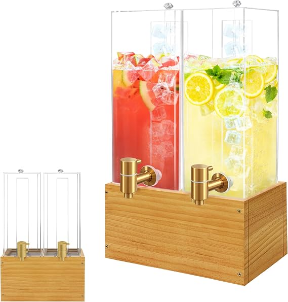 Beverage Dispenser with Stand, 4 Gallon Dual Drink Dispenser Stand, Large Drink Dispenser for Party, Wood Stand