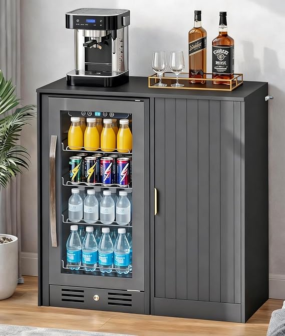 Lamtor Mini Fridge Cabinet with Storage - Coffee Bar with Power Outlet, Fluted Mini Fridge Cabinet with Adjustable Shelf for Kitchen Dining Room Living Room, Black