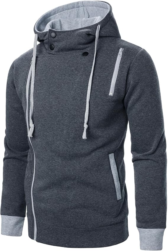 Mens Full Zip Turtleneck Hoodies Cargo Coat Hood Collar Oblique Zipper Lapel Drawstring Slim Fit