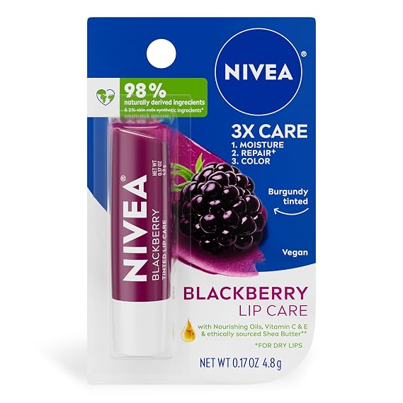 NIVEA Blackberry Lip Care, Tinted Lip Balm with Shea Butter, 0.17 OZ | Burgundy Tinted Lip Balm with Shea Butter, Nourishing Oils and Vitamins, 3-in-1 Moisture, Repair Dry Lips and Color, Vegan