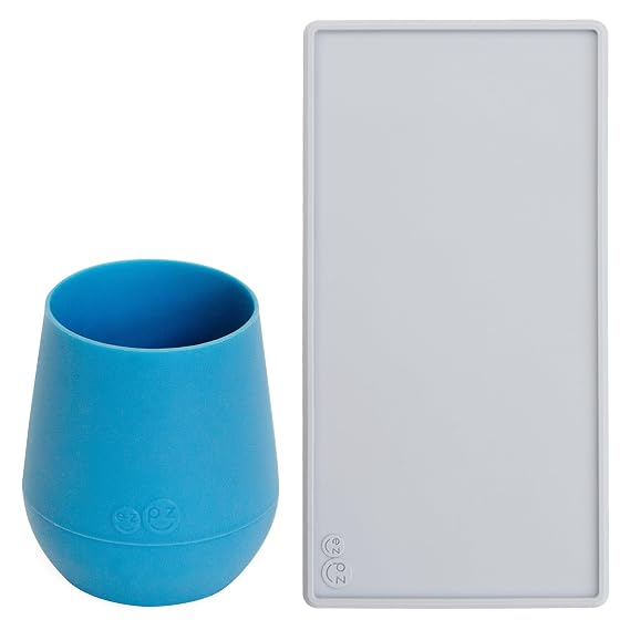 ezpz Tiny Cup (Blue) + Tiny Placemat (Pewter) - baby essentials, cup and mat