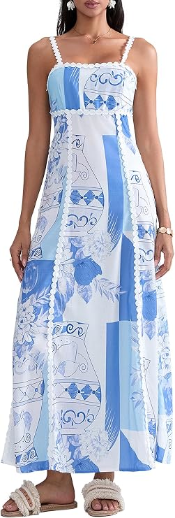 Women Graffiti Maxi Dress Square Neck Spaghetti Strap Print Summer Beach Sundress Boho Dress