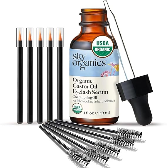 Sky Organics USDA Organic Castor Oil Eyelash Serum 1 fl oz, Glass Bottle | Fuller-looking lashes & brows. Conditioning hair oil. Vegan, Cruelty Free. Travel Size Brown glass UV-protection bottle.