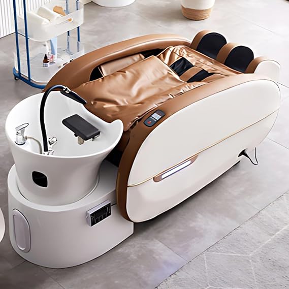 Luxury Head SPA Shampoo Bed (Waterfall Head Spa Equipment) (Smart Full Body Massage) (Electric Leg Lifting), Massage Shampoo Bed with Brown Modern Style