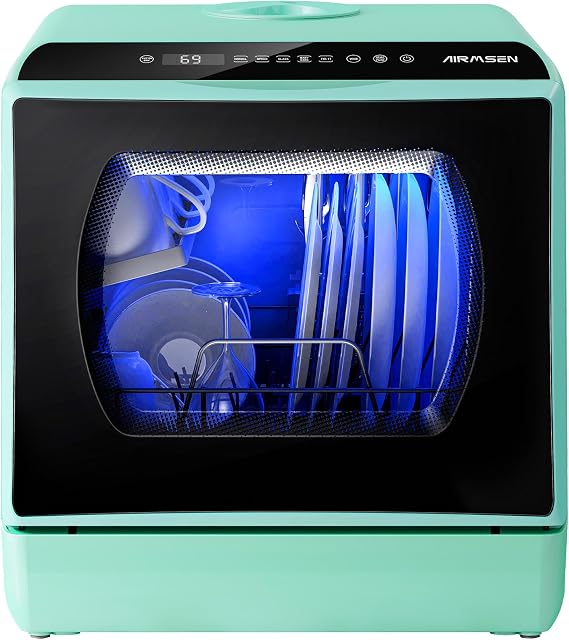 AIRMSEN Portable Countertop Dishwasher, No Hookup Needed | 6 Programs, 1-Hour Hot Air Drying & 72-Hour Air Circulation, Built-in Water Tank, for Home, Apartments & RVs