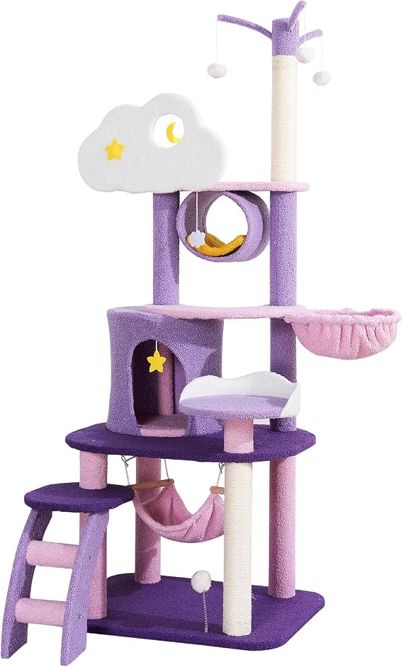 Cloud Cat Tree, 65 Inch Purple Cat Tree Cute for Indoor Cats, Pink Moon Cat Tree Tower with Scratching Post, Hammock and Condo, Large Tall Cat Tree for Kittens Cats