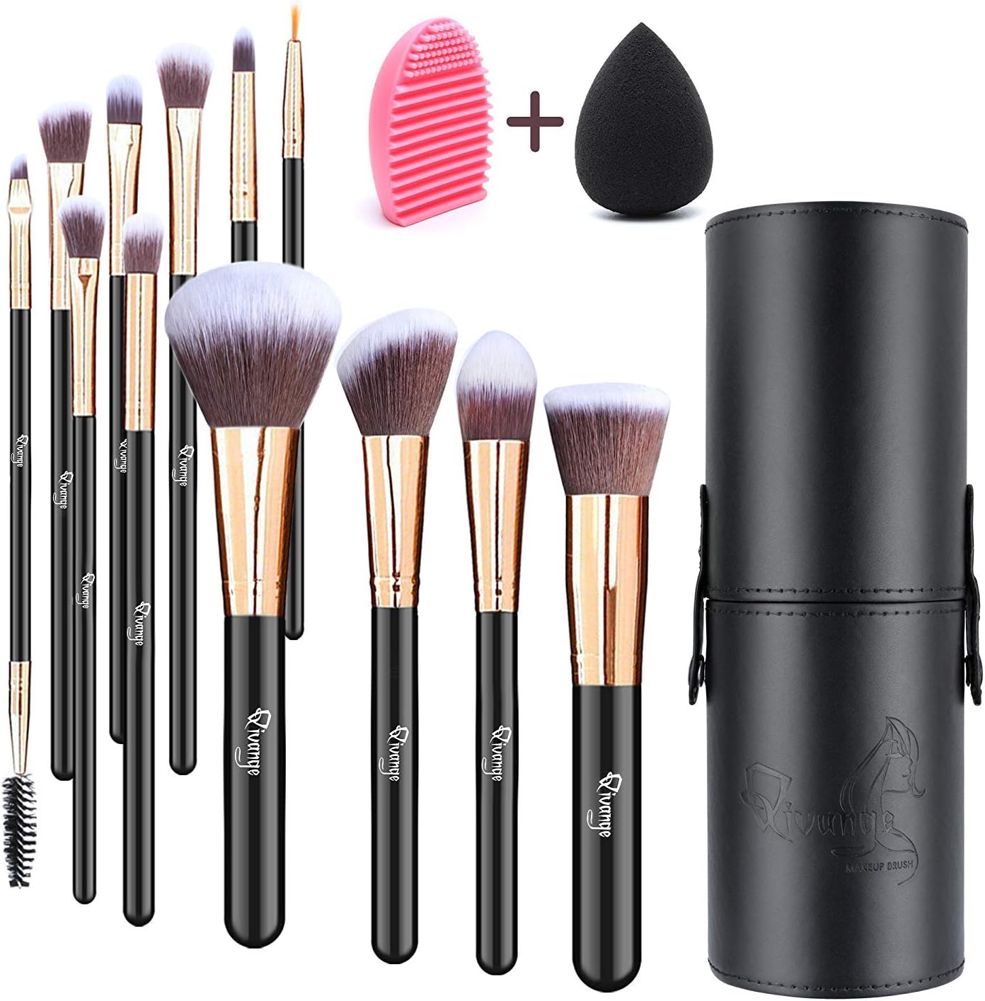Qivange Makeup Brushes, 12 Pieces, Cosmetic Brushes, Multi-functional Makeup Brush Case Included, Convenient Storage, Premium Taklon, Fluffy Bristles, Sponge Puff & Brush Cleaner Included Noble Gold