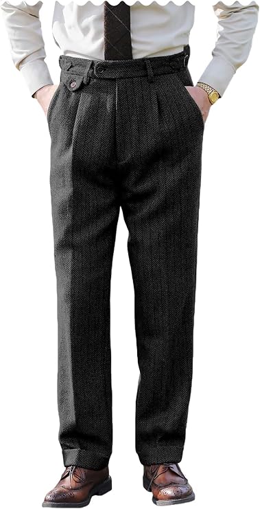 Men Vintage Wool Tweed Pants Herringbone Pleated Suit Trousers Classic Gurkha Dress Pants