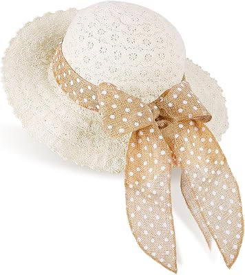 Girls Straw Sun Hat with Bowknot, Boho Summer Beach Hat, Wide Brim Floppy Hat, Outdoor Sun Protection Hat for Kids Ages 3-6